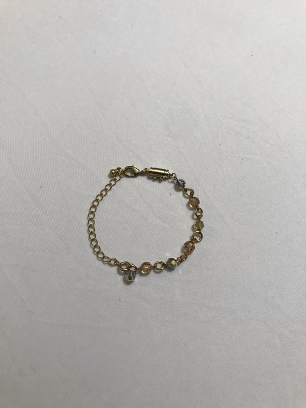 Gold Tone Dainty Delicate Gray Cream Beaded Bracelet Magnetic Clasp for Stacking